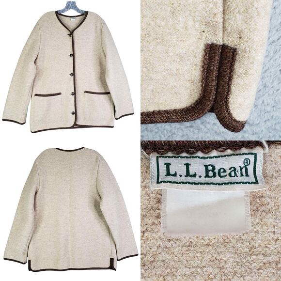 LL Bean Cardigan Coatigan Boiled Heavy Wool Metal Buttons Beige Women’s Medium ? - Picture 1 of 9